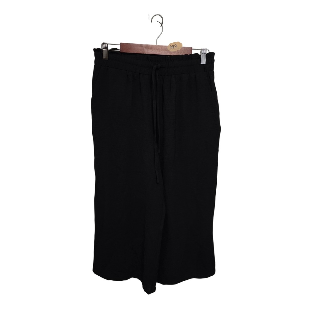 Freeoak Womens Black Paperbag Waist‎ Wide Leg Culotte Pants Size L Drawstring